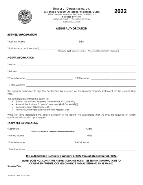 Form BUSMF901 Agent Authorization - County of San Diego, California, 2022