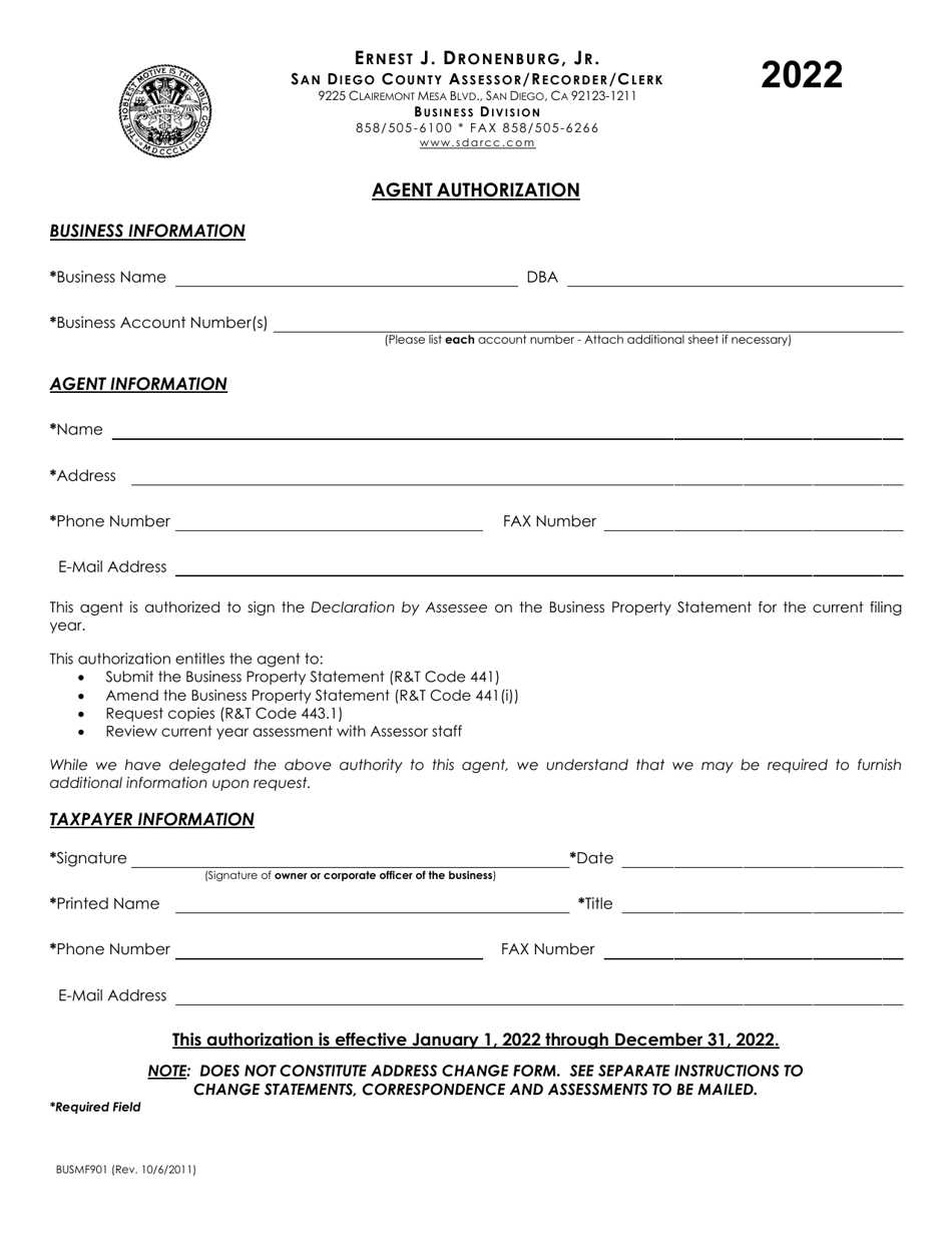 Form BUSMF901 Agent Authorization - County of San Diego, California, Page 1