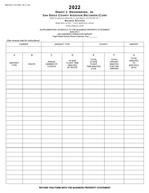 Form BOE-570-1 Supplementary Schedule to the Business Property Statement - Air Carrier's Operation Report - County of San Diego, California, 2022