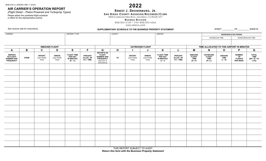 Form BOE-570-1L Air Carrier's Operation Report (Flight Detail - Piston-Powered and Turboprop Types) - County of San Diego, California, 2022