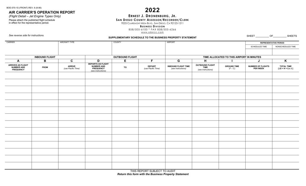Form BOE-570-1S Air Carrier's Operation Report (Flight Detail - Jet Engine Types Only) - County of San Diego, California, 2022