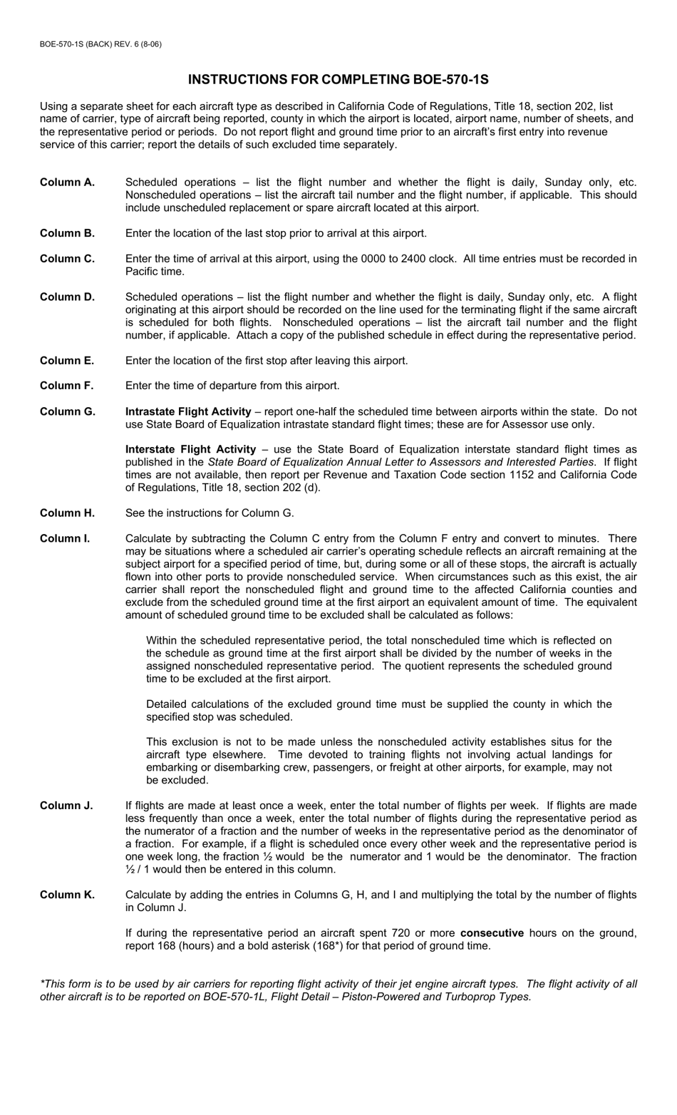 Form BOE-570-1S Air Carriers Operation Report (Flight Detail - Jet Engine Types Only) - County of San Diego, California, Page 2