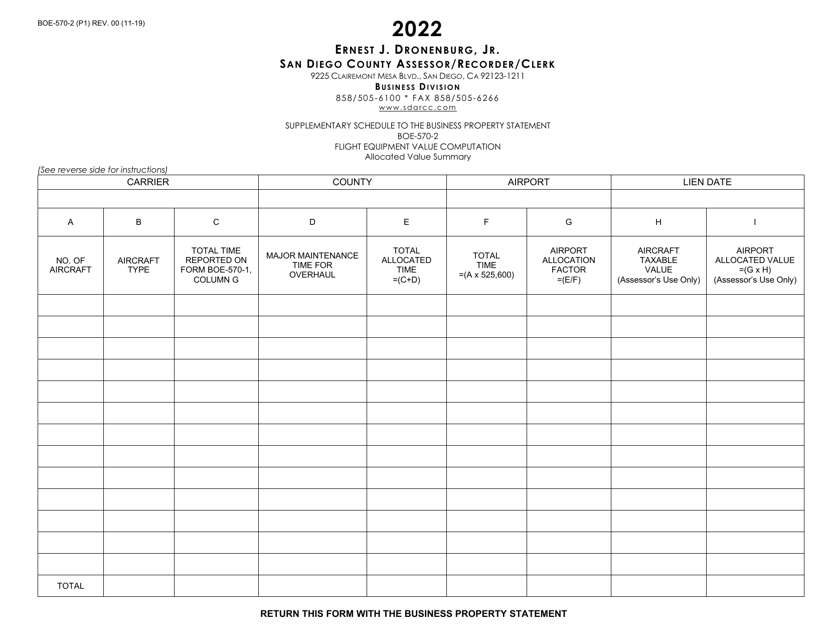 Form BOE-570-2 Supplementary Schedule to the Business Property Statement - Flight Equipment Value Computation - County of San Diego, California, 2022