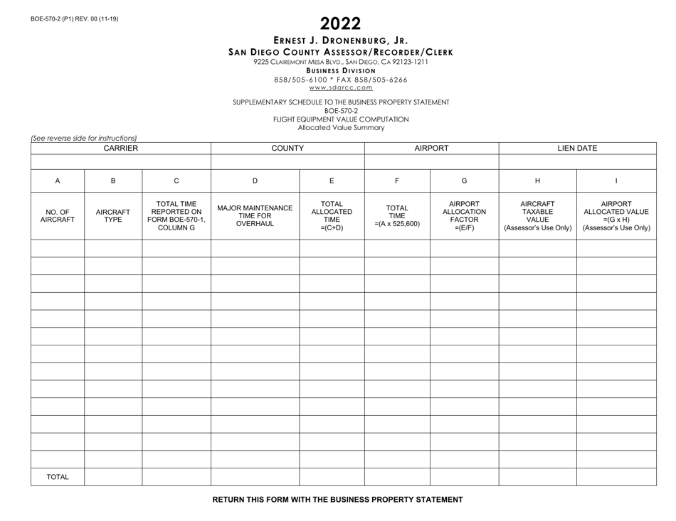 Form BOE-570-2 Supplementary Schedule to the Business Property Statement - Flight Equipment Value Computation - County of San Diego, California, Page 1