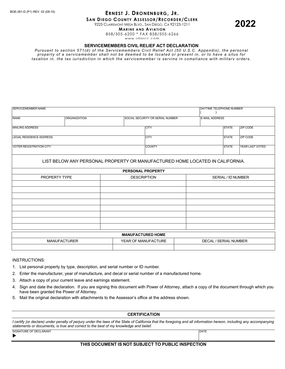 Form BOE-261-D Servicemembers Civil Relief Act Declaration - County of San Diego, California, Page 1