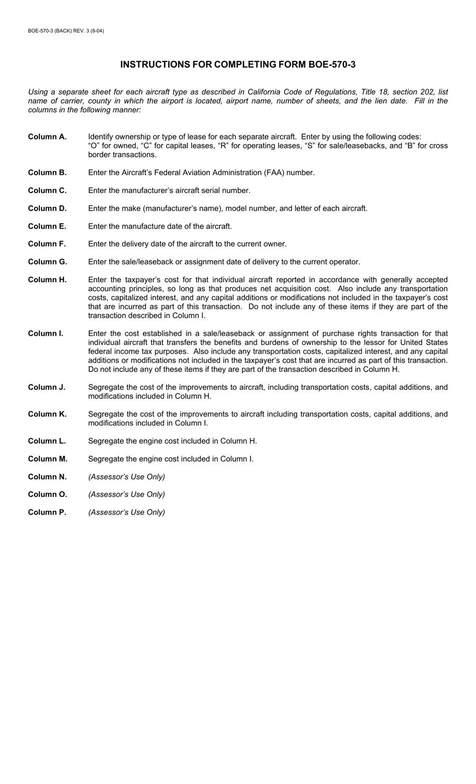 Form BOE-570-3 Air Carriers Operation Report (Aircraft Value Computations) - County of San Diego, California, Page 2