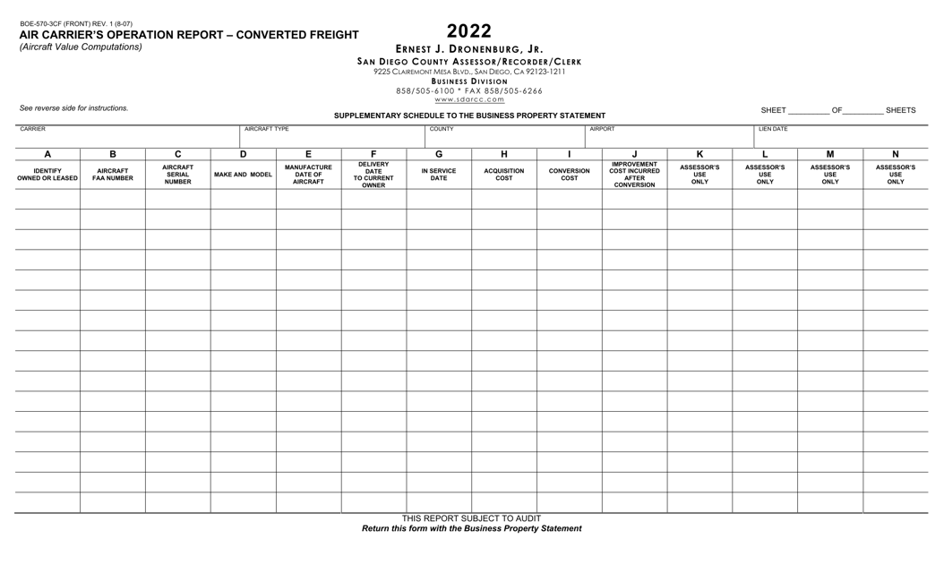 Form BOE-570-3CF Air Carrier's Operation Report - Converted Freight - County of San Diego, California, 2022