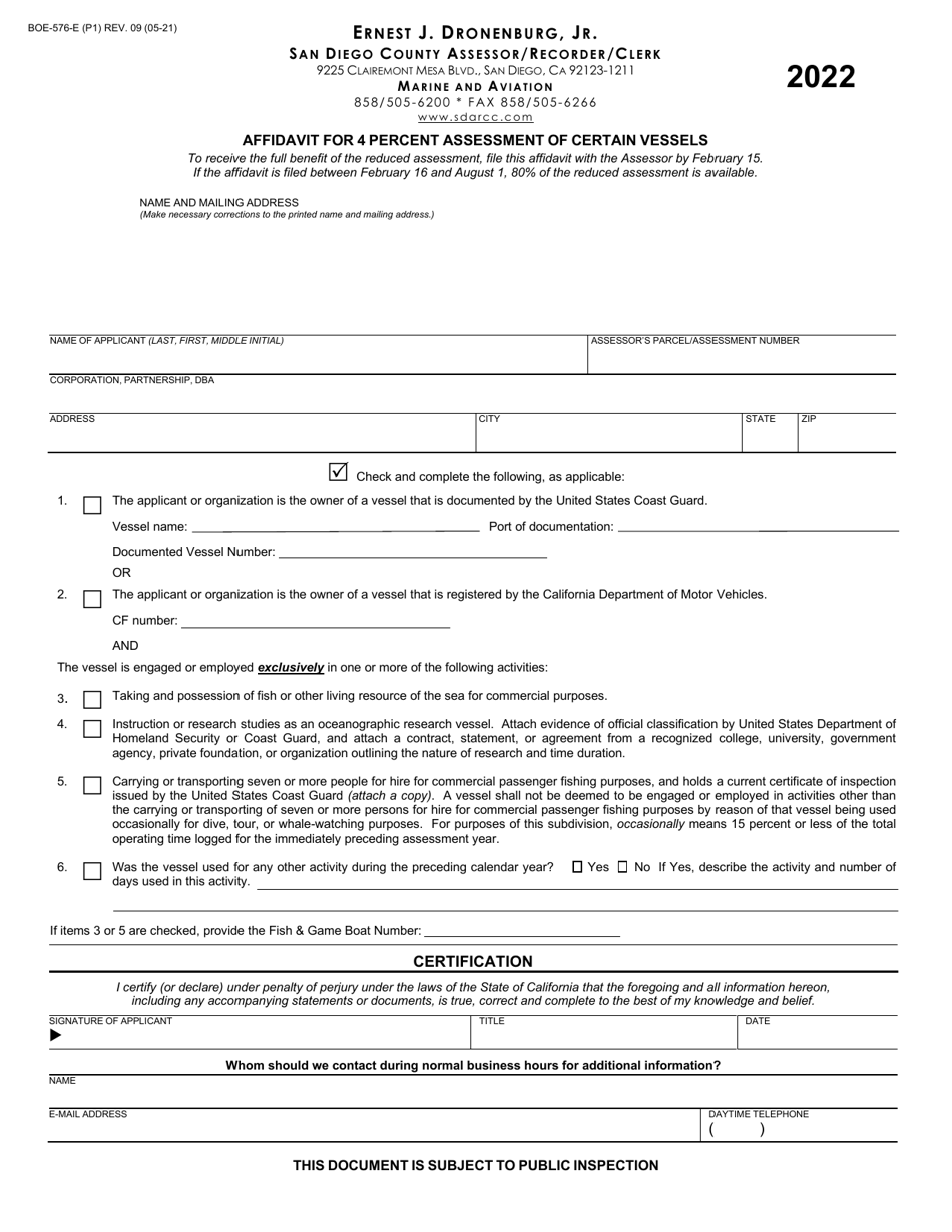 Form BOE-576-E Affidavit for 4 Percent Assessment of Certain Vessels - County of San Diego, California, Page 1