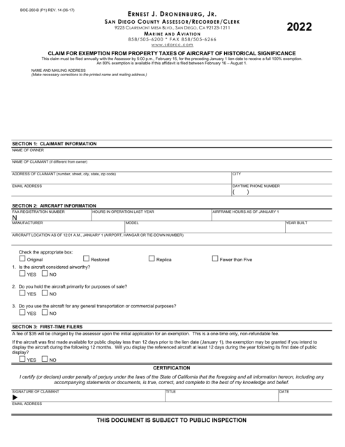 Form BOE-260-B Claim for Exemption From Property Taxes of Aircraft of Historical Significance - County of San Diego, California, 2022