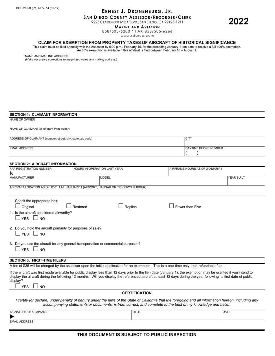 Form BOE-260-B Claim for Exemption From Property Taxes of Aircraft of Historical Significance - County of San Diego, California, Page 1
