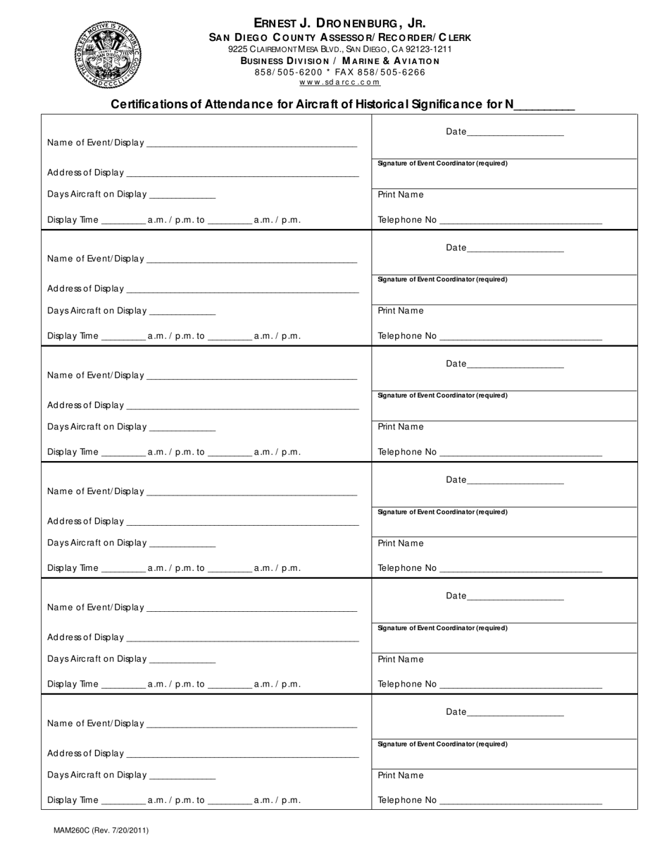 Form MAM260C Certifications of Attendance for Aircraft of Historical Significance - County of San Diego, California, Page 1