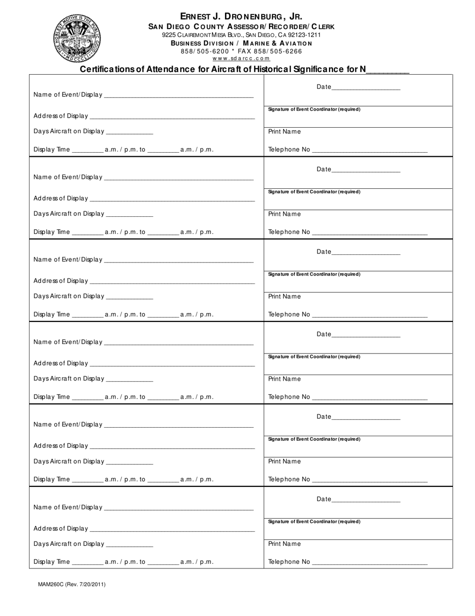 Form MAM260C Certifications of Attendance for Aircraft of Historical Significance - County of San Diego, California, Page 2