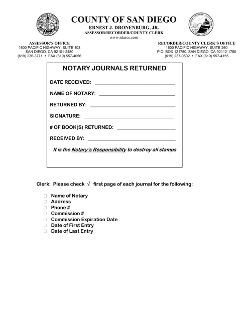 Notary Journal Return Receipt - County of San Diego, California Download Pdf