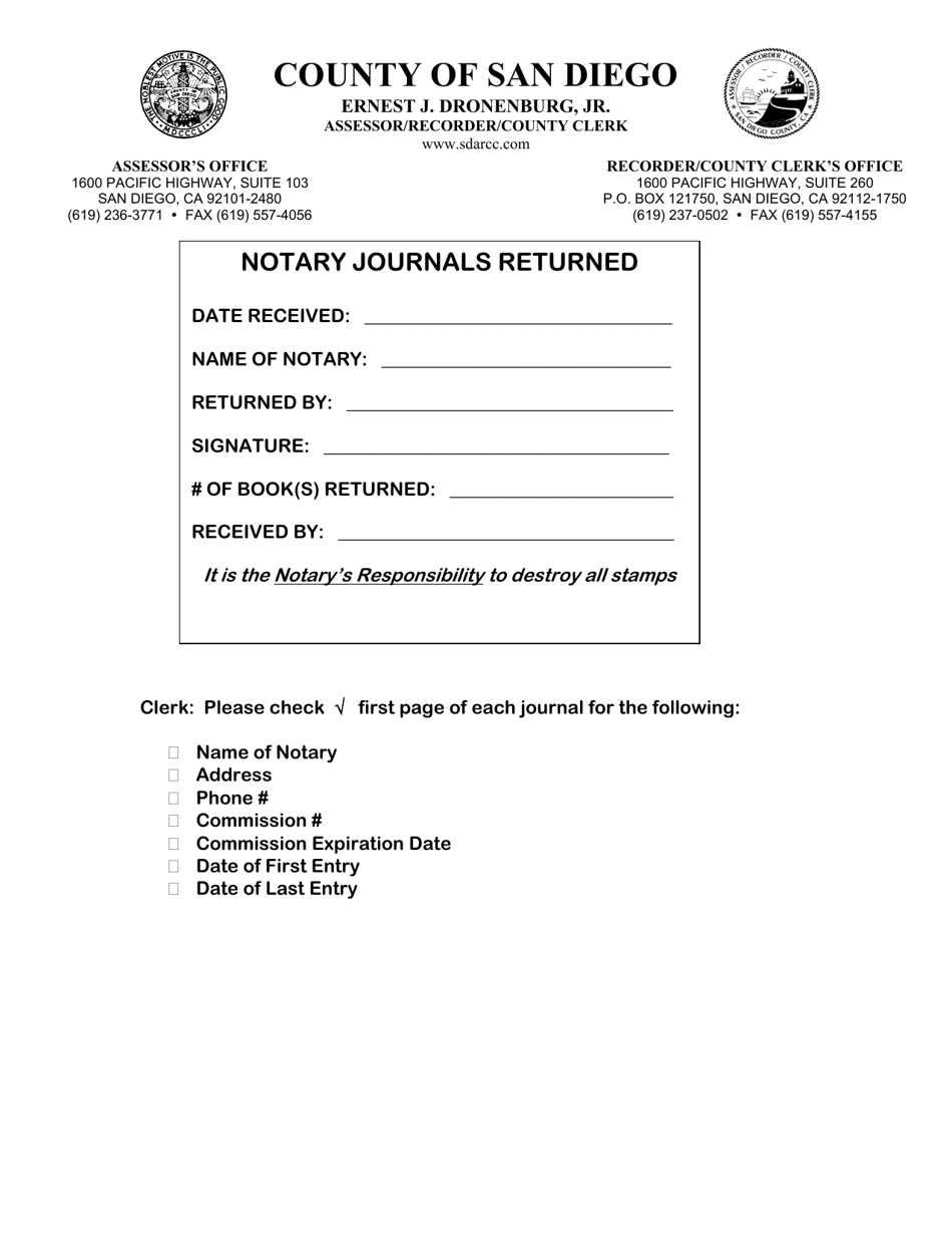 Notary Journal Return Receipt - County of San Diego, California, Page 1