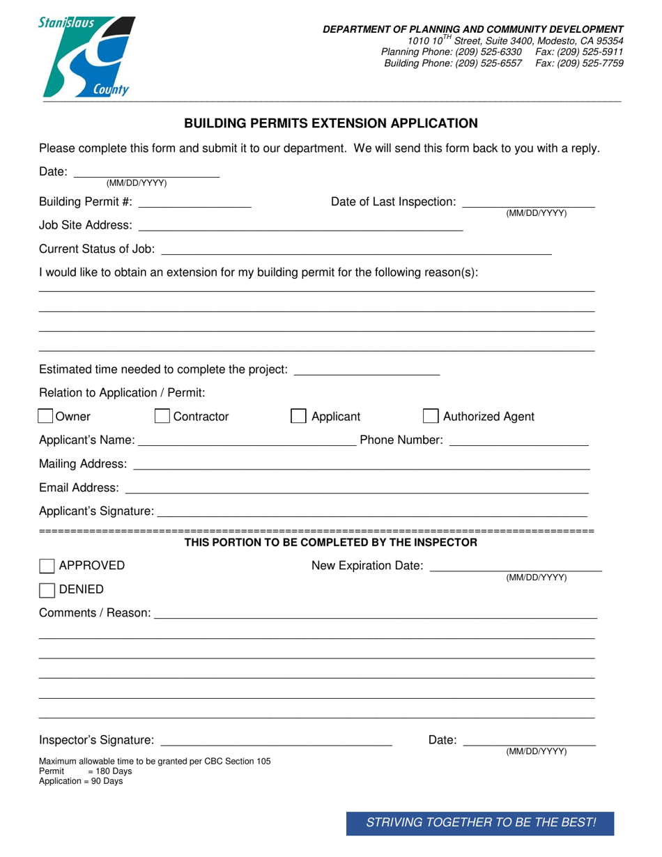 Stanislaus County California Building Permits Extension Application Fill Out Sign Online And 0851