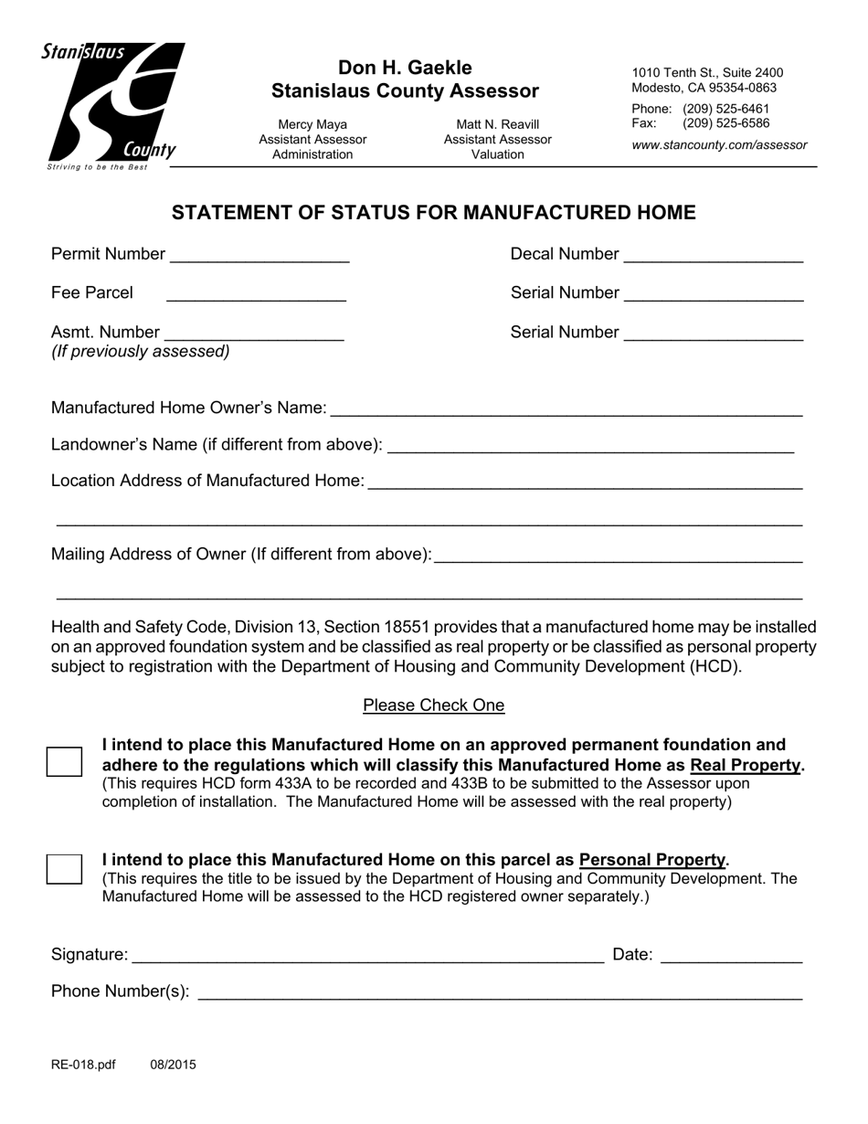Form RE-018 Statement of Status for Manufactured Home - Stanislaus County, California, Page 1