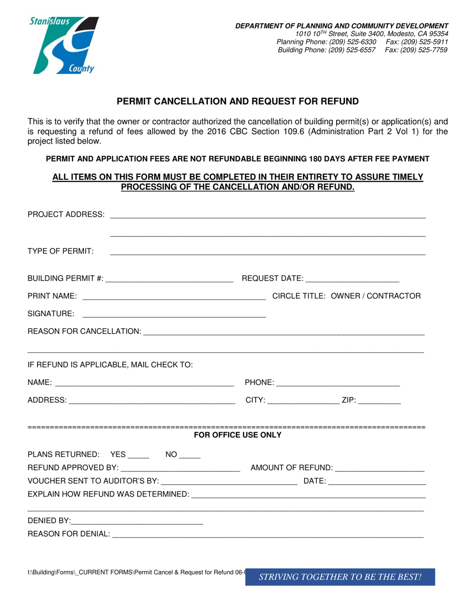 Permit Cancellation and Request for Refund - Stanislaus County, California, Page 1