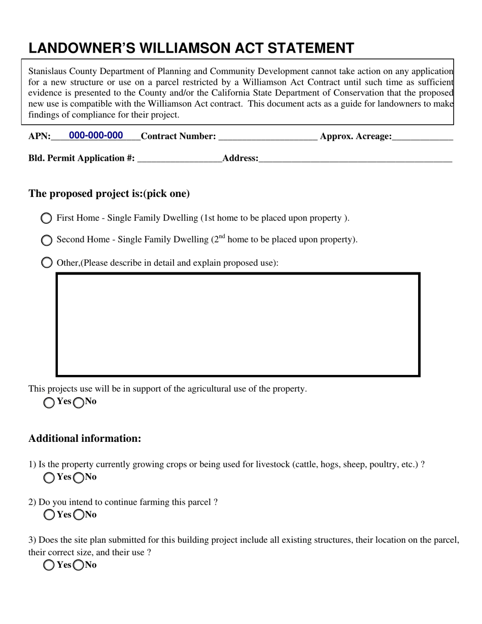 Stanislaus County, California Landowner's Williamson Act Statement