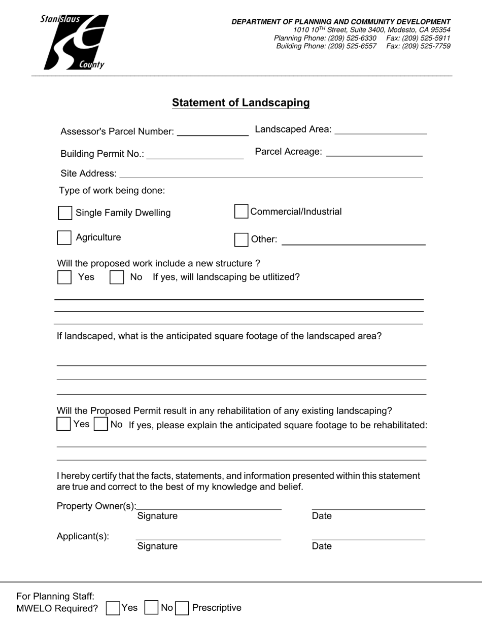 Stanislaus County, California Statement of Landscaping Fill Out, Sign