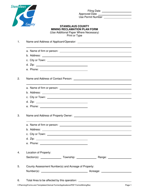 Mining Reclamation Plan Form - Stanislaus County, California Download Pdf