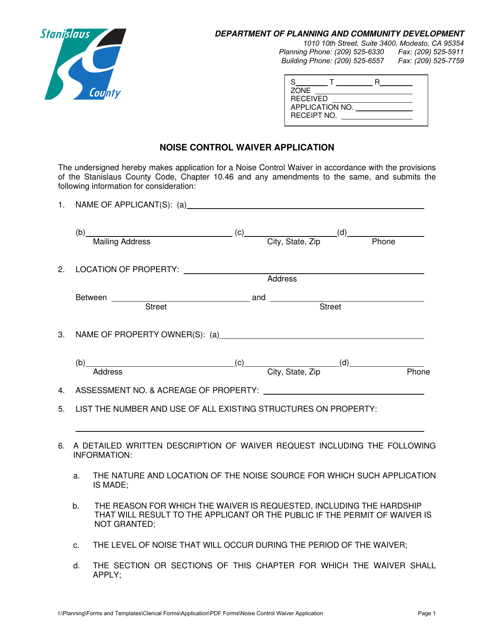 Noise Control Waiver Application - Stanislaus County, California Download Pdf