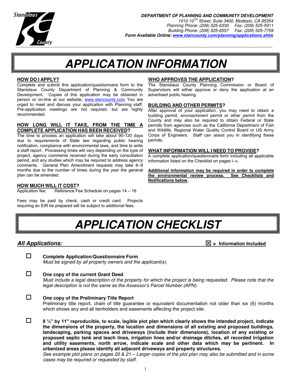 Application Questionnaire - Stanislaus County, California, Page 1