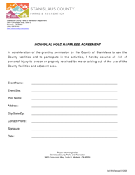 Document preview: Individual Hold Harmless Agreement - Stanislaus County, California