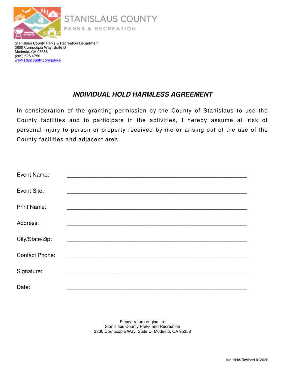 Individual Hold Harmless Agreement - Stanislaus County, California, Page 1