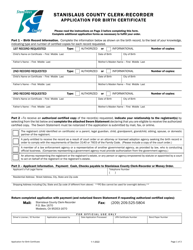 Document preview: Application for Birth Certificate - Stanislaus County, California