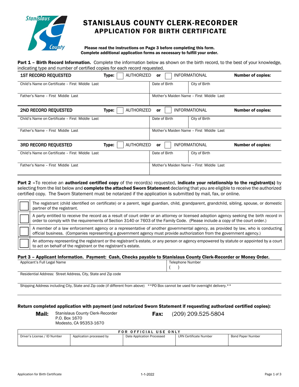 Application for Birth Certificate - Stanislaus County, California, Page 1