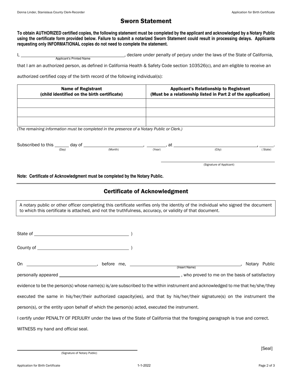 Stanislaus County California Application For Birth Certificate Fill Out Sign Online And 5227