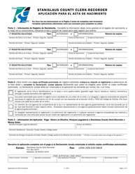 Document preview: Aplicacion Para El Acta De Nacimiento - Stanislaus County, California (Spanish)