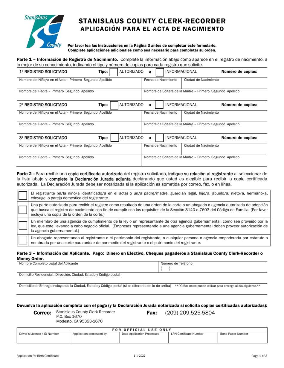 Aplicacion Para El Acta De Nacimiento - Stanislaus County, California (Spanish), Page 1