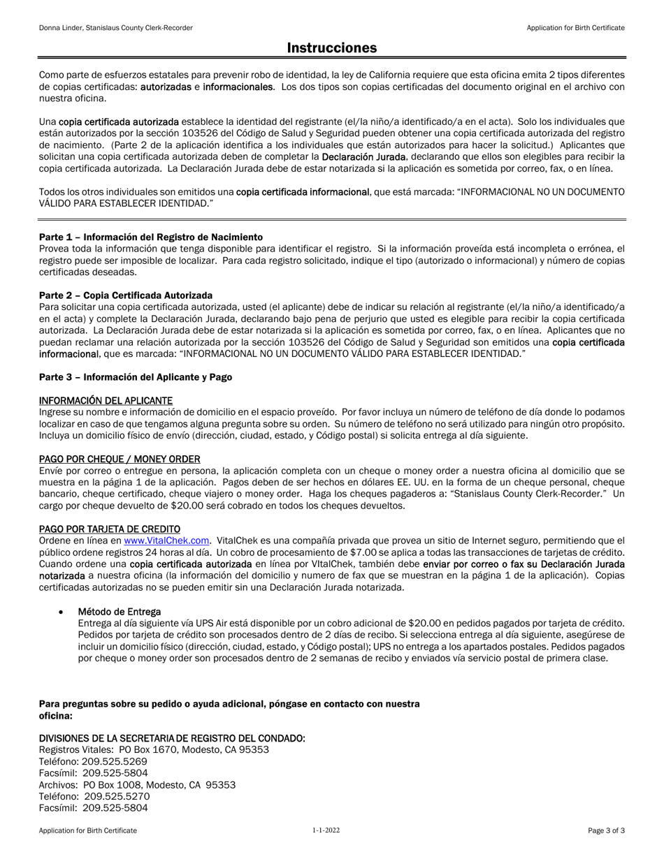 Aplicacion Para El Acta De Nacimiento - Stanislaus County, California (Spanish), Page 3