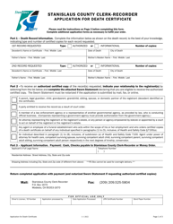 Document preview: Application for Death Certificate - Stanislaus County, California