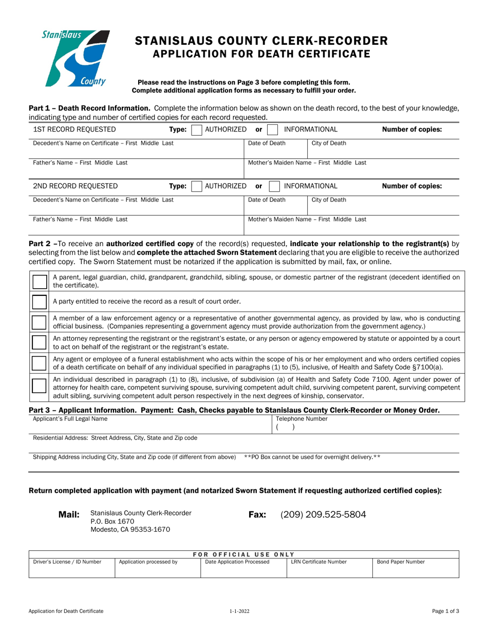 Application for Death Certificate - Stanislaus County, California, Page 1