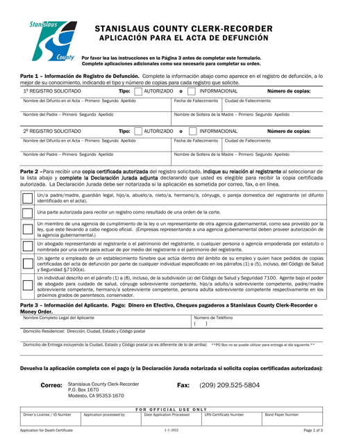 Aplicacion Para El Acta De Defuncion - Stanislaus County, California (Spanish) Download Pdf