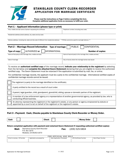 Application for Marriage Certificate - Stanislaus County, California Download Pdf