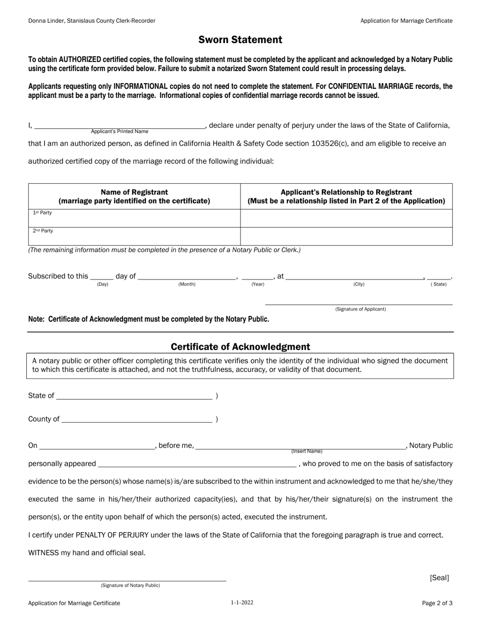 Stanislaus County, California Application for Marriage Certificate ...