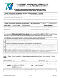 Document preview: Aplicacion Para El Acta De Matrimonio - Stanislaus County, California (Spanish)