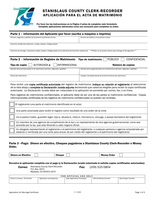 Aplicacion Para El Acta De Matrimonio - Stanislaus County, California (Spanish)