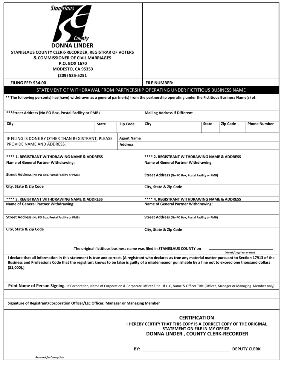 Statement of Withdrawal From Partnership Operating Under Fictitious Business Name - Stanislaus County, California, Page 1