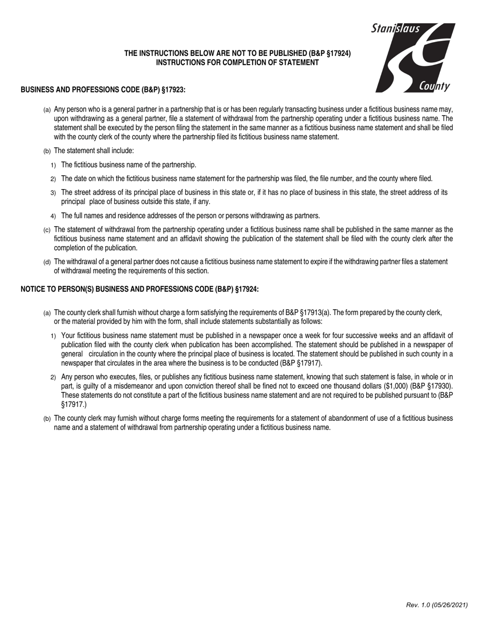Statement of Withdrawal From Partnership Operating Under Fictitious Business Name - Stanislaus County, California, Page 2