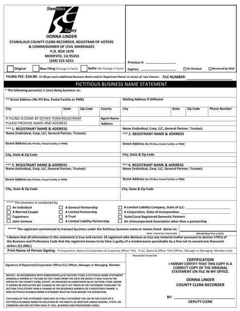 Fictitious Business Name Statement - Stanislaus County, California Download Pdf