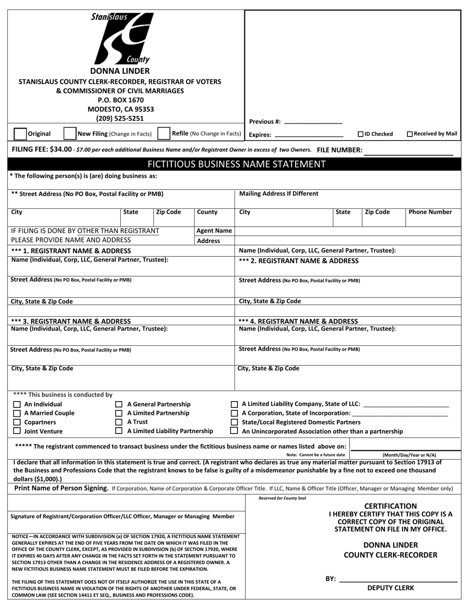 Fictitious Business Name Statement - Stanislaus County, California, Page 1