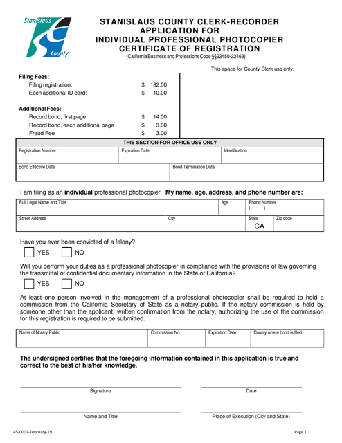 Form 45-0007 Application for Individual Professional Photocopier Certificate of Registration - Stanislaus County, California
