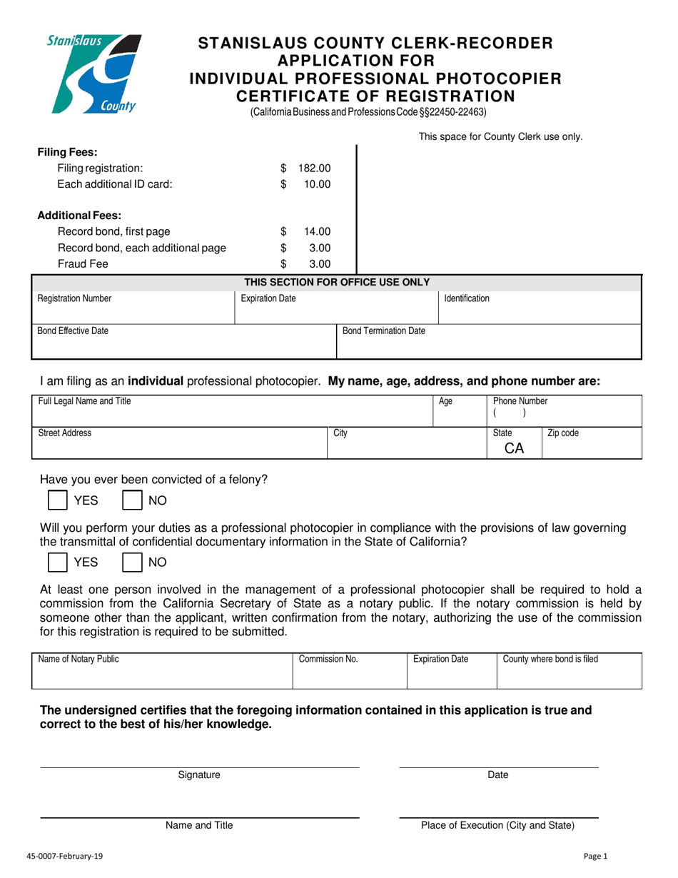 Form 45 0007 Fill Out Sign Online And Download Fillable Pdf Stanislaus County California 9016