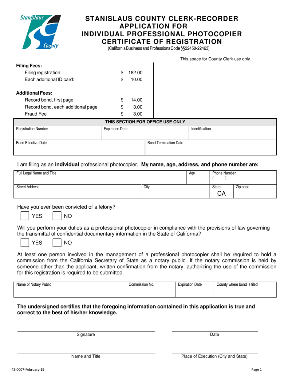 Form 45-0007 Application for Individual Professional Photocopier Certificate of Registration - Stanislaus County, California, Page 1