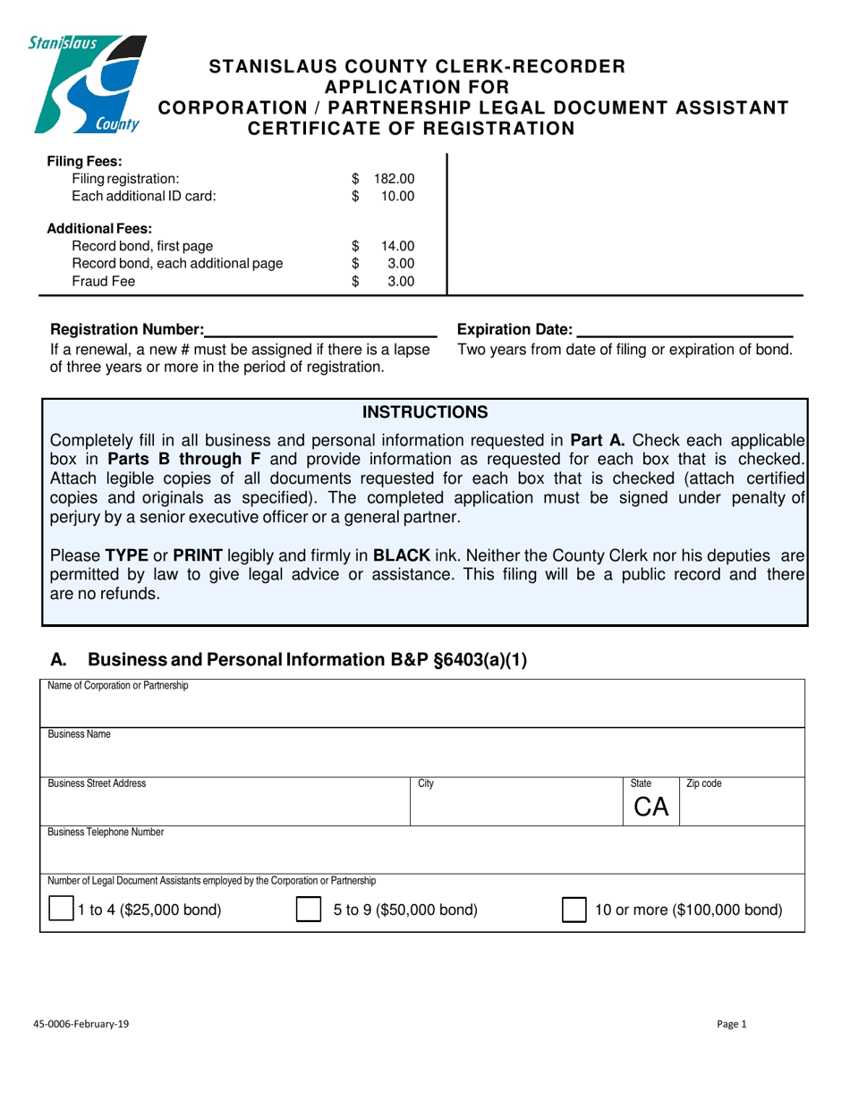 Form 45-0006 Application for Corporation / Partnership Legal Document Assistant Certificate of Registration - Stanislaus County, California, Page 1