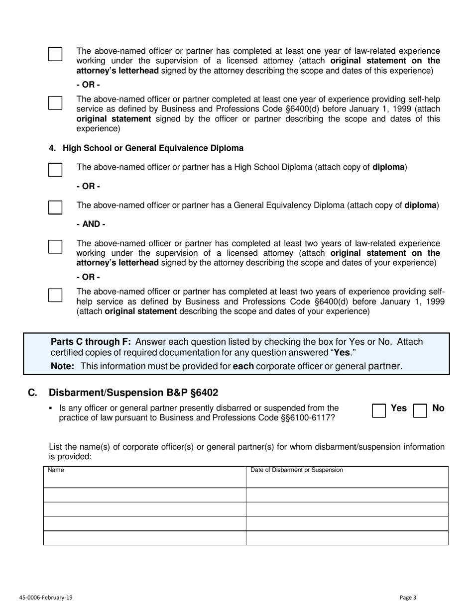 Form 45-0006 Application for Corporation / Partnership Legal Document Assistant Certificate of Registration - Stanislaus County, California, Page 3